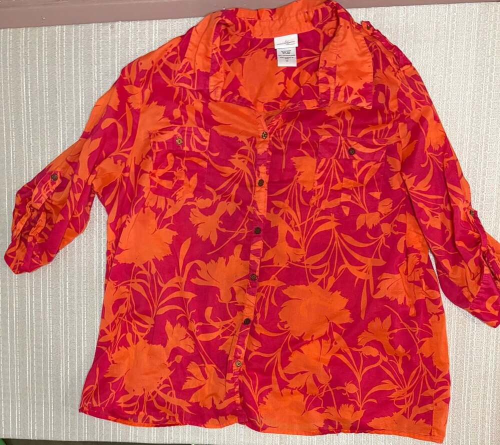 Jaclyn Smith Woman Floral Button-Up Shirt with Roll-Tab Sleeves